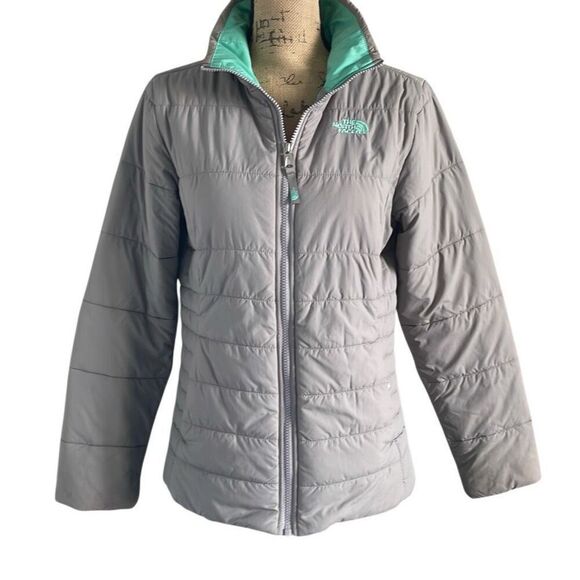 EUC! The North Face Gray Teal Mock Turtle Zip Up Puffer Jacket - Girls XL/Women’ - Picture 1 of 11